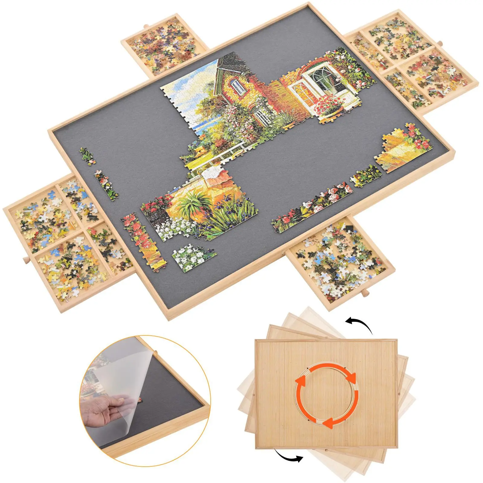 Cross-border 1500 Pieces Four-drawer Large Desktop Puzzle Table Wooden Portable Pp Plate Rotatable Movable With Felt