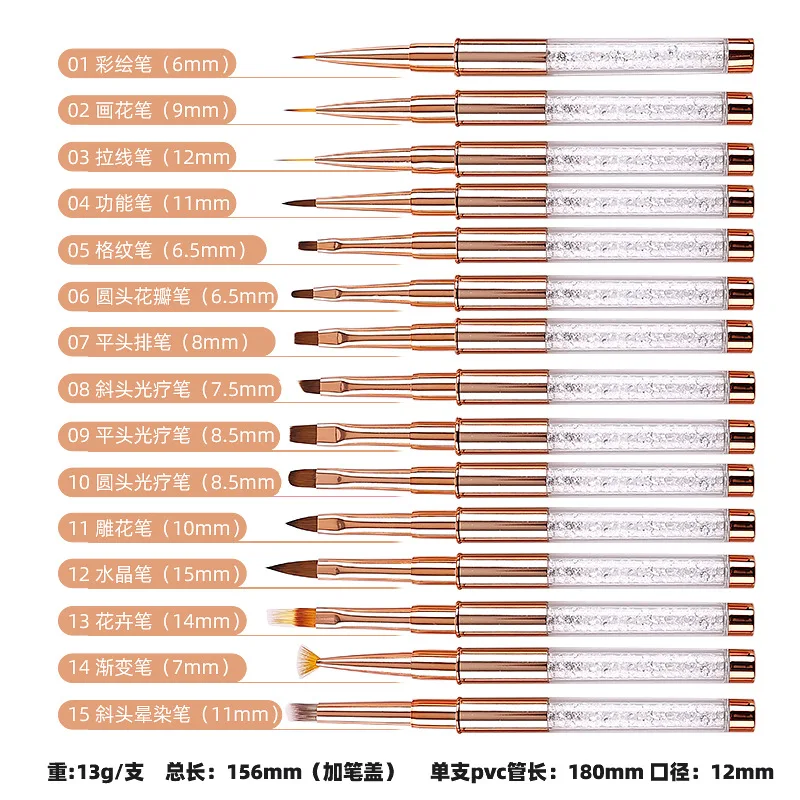 High Quality 3D Nail Art Brush Set with Rose Gold Rhinestone Handle Cusotom Kolinsky Hair Liner Metal Handle Pen Brush