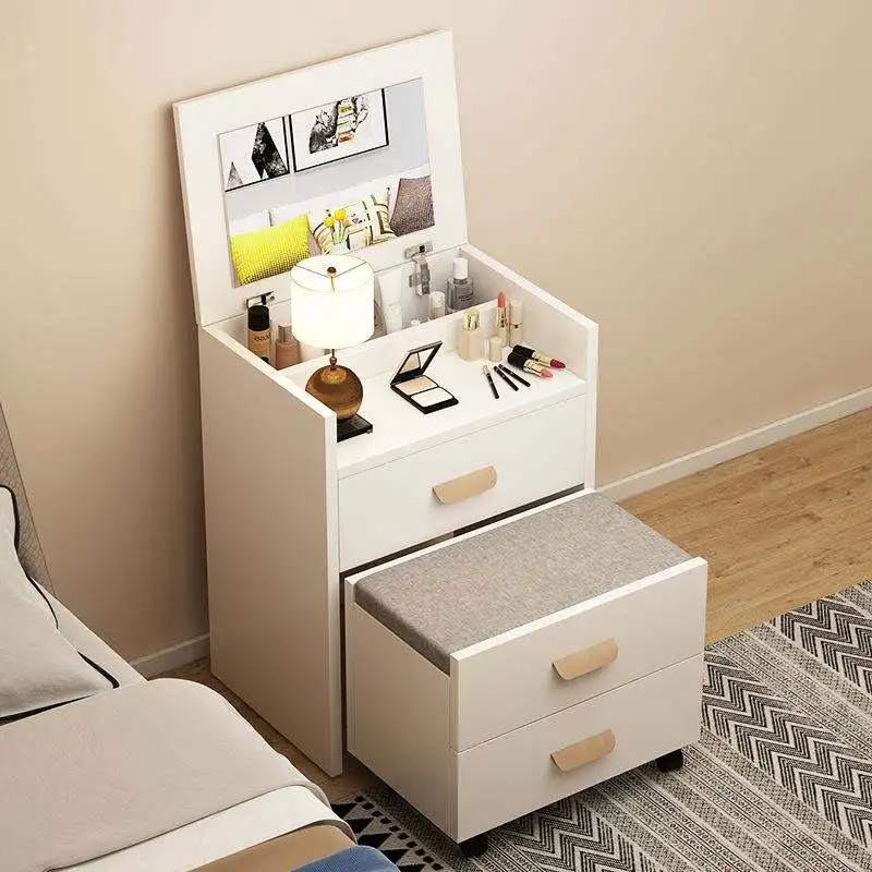Makeup Dressing Table with Lights and Mirror White Storage Makeup Table with Cushioned Stool Bedroom Furniture