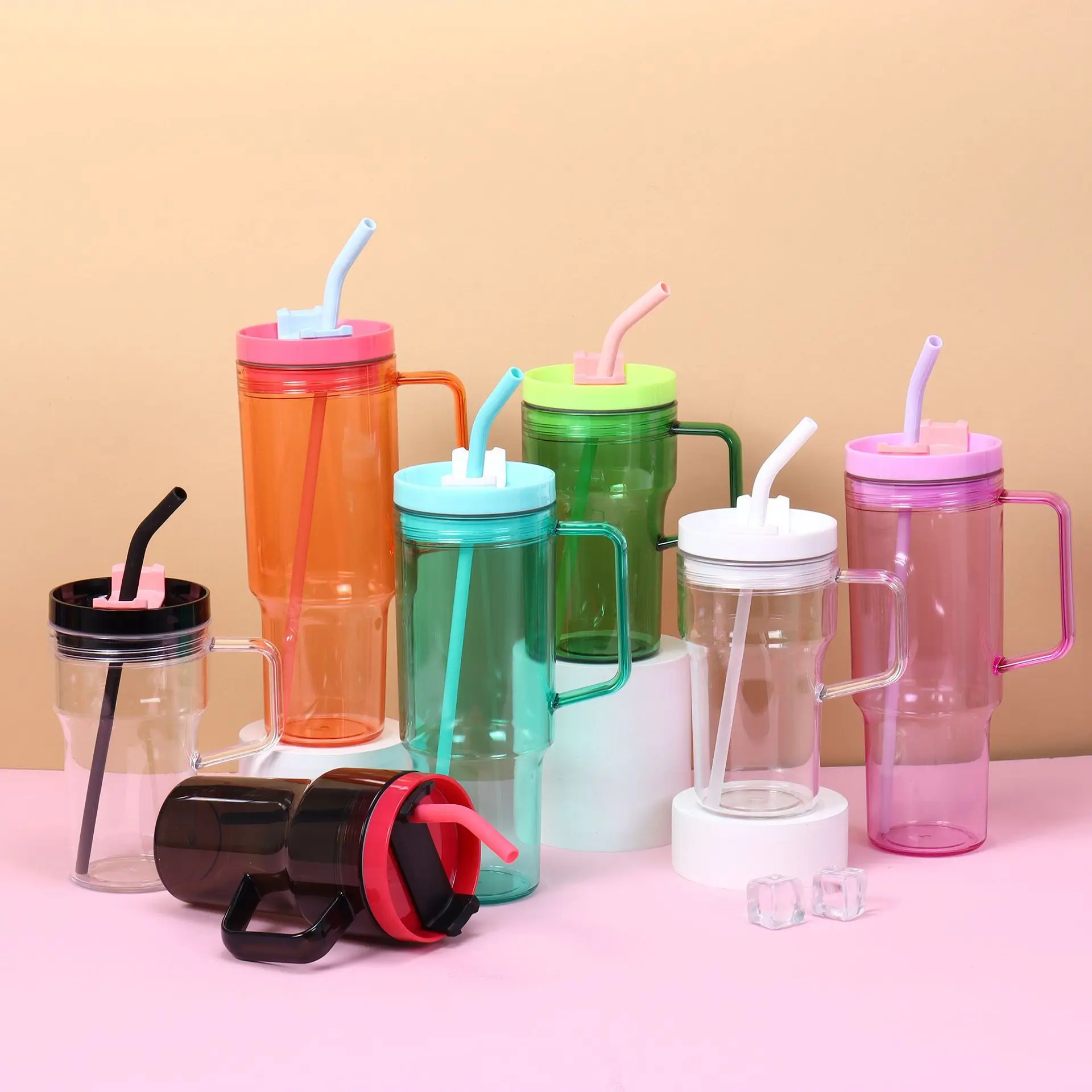 30oz 40oz ECO Friendly Products Plastic Cup clear Colored Acrylic Tumbler Beer Mugs Mason Jars with Handle and Lids