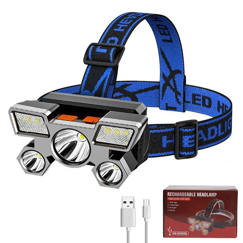 Usb перезаряжаемая Встроенная батарея 5 светодиодных сильных фар супер яркий Налобный фонарик уличный рыболовный