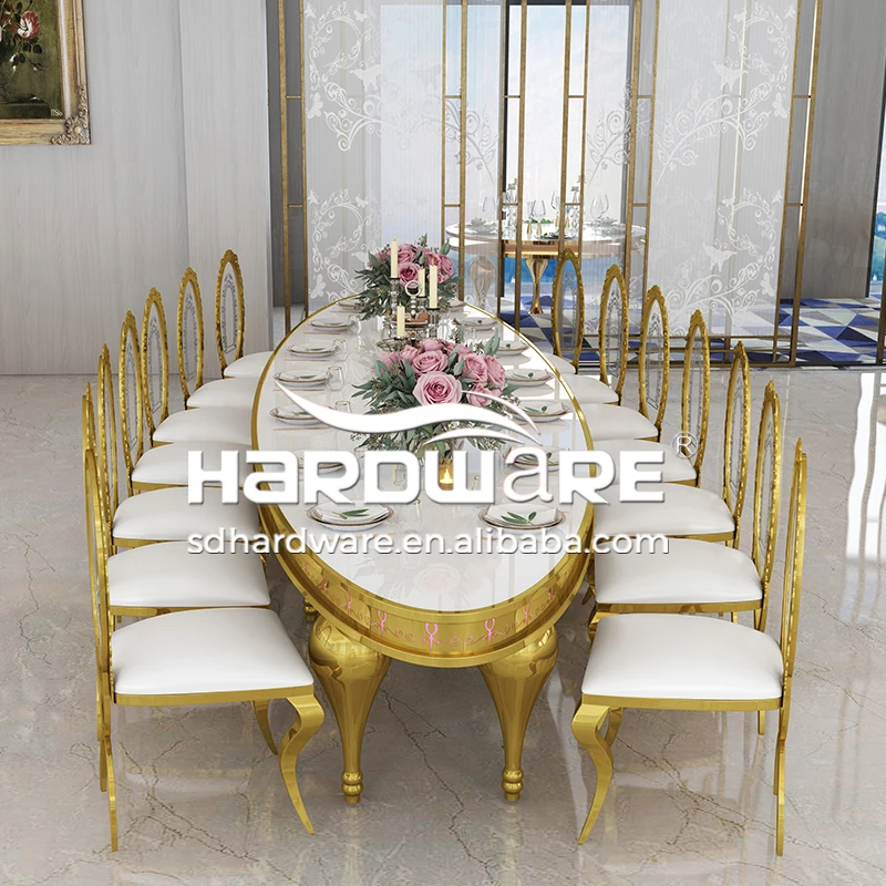 Stainless steel frame white mdf top oval wedding restaurant furniture table