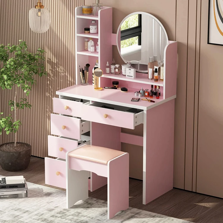 Led Round Mirror Touch Screen Wood Dresser Desk Drawer Shelves Dressing Makeup Vanity Table Schminktisch Tocador De Maquillaje