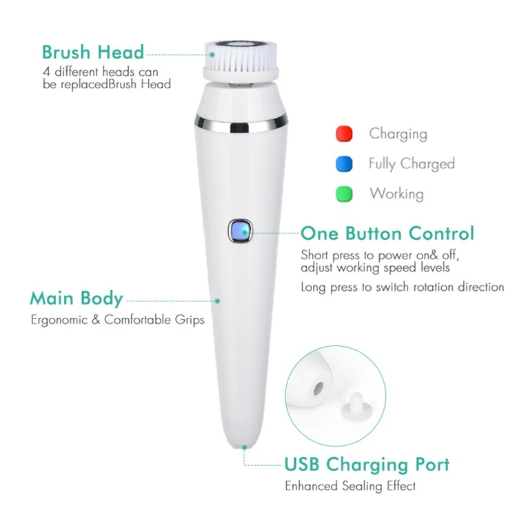 Factory New 4 head Rotational Vibration Electric silicone facial cleansing brush with Base