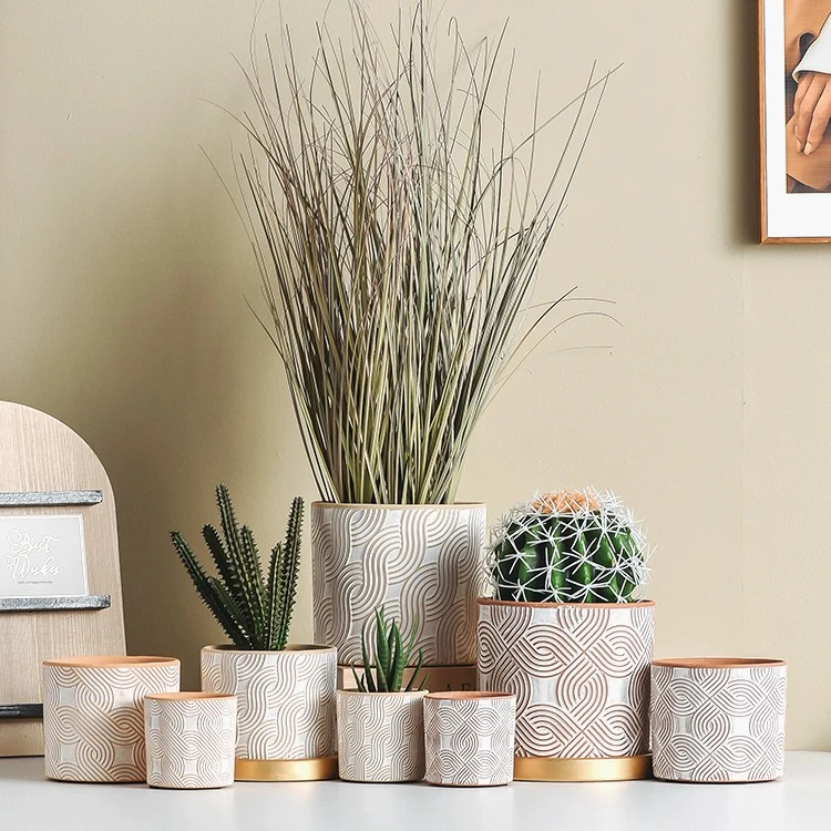 Creative cylinder home balcony decoration bonsai pots indoor decorative terracotta embossed flower pot