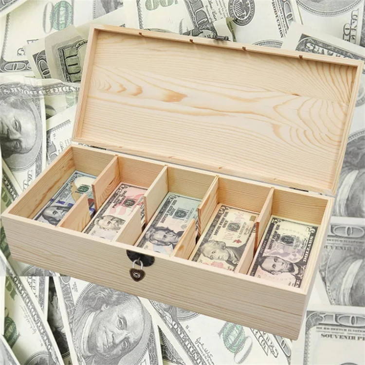 Custom Lock Box 5 Compartment Cash Organizer Piggy Bank Wooden Money Save Box