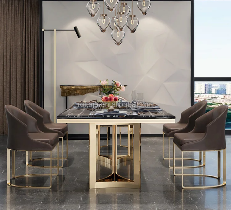 Modern Dining Table Set Marble Top Stainless Steel Luxury Rectangular Dining Table Set 4 6 8 Seater Dining Room Furniture