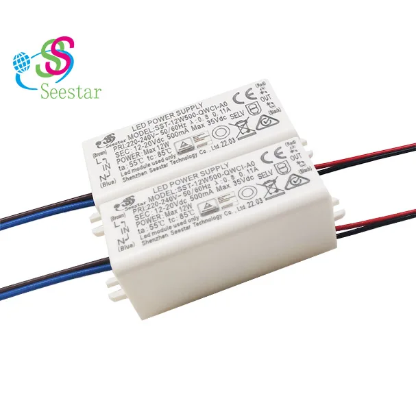 Seestar 6W 7W 8W 9W 10W AC220-240V DC12-20V 500mA PF>0.8 No flicker 1KV TUV SAA CE CB ERP waterproof Led power supply driver