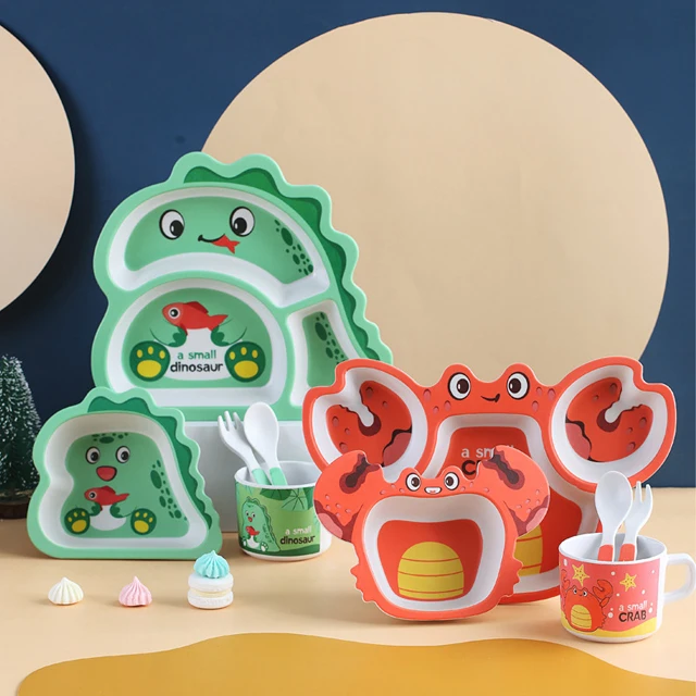 Cute Cartoon Design Kids Dinnerware Set Bamboo Fiber Baby Children Dinner Plates with Cutlery Set Factory High Quality OEM
