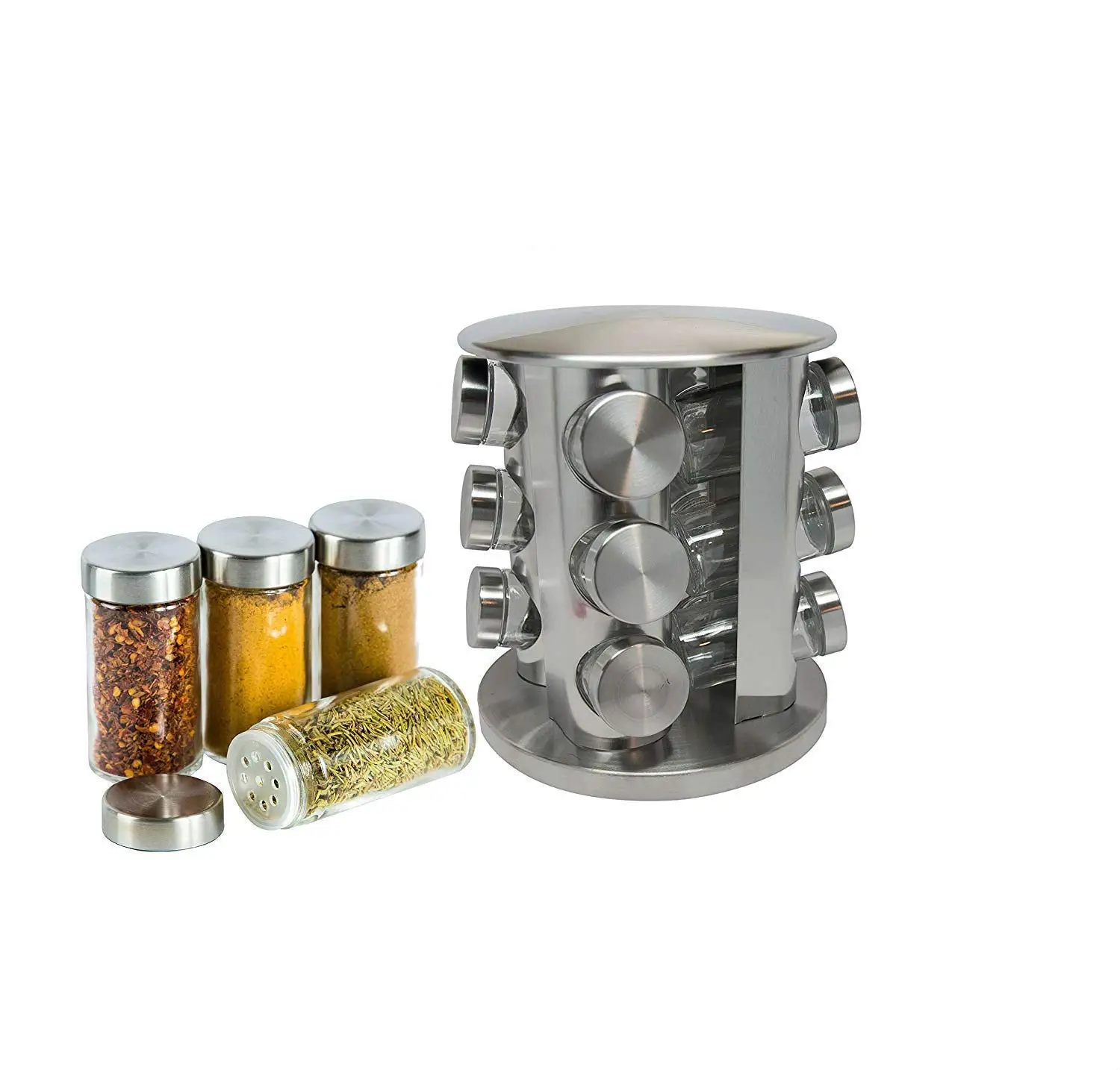 12 pieces Jar revolving spice rack Stainless Steel Rack Tower Organizer Rotating Spice Rack