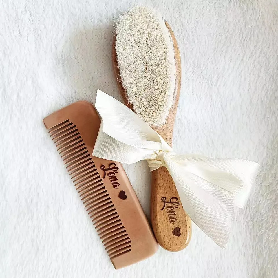 Private Label Eco-friendly High Quality Goat Hair Baby Brush Bamboo Wooden Baby Hair Brush Laser, Baby Hair Brush and Comb Set