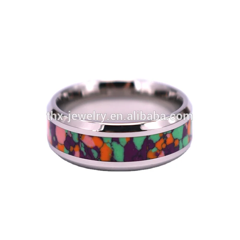 Colorful Opal Inlay Tungsten Wedding Ring, Multi Color Opal Stone Mens Rings Tungsten
