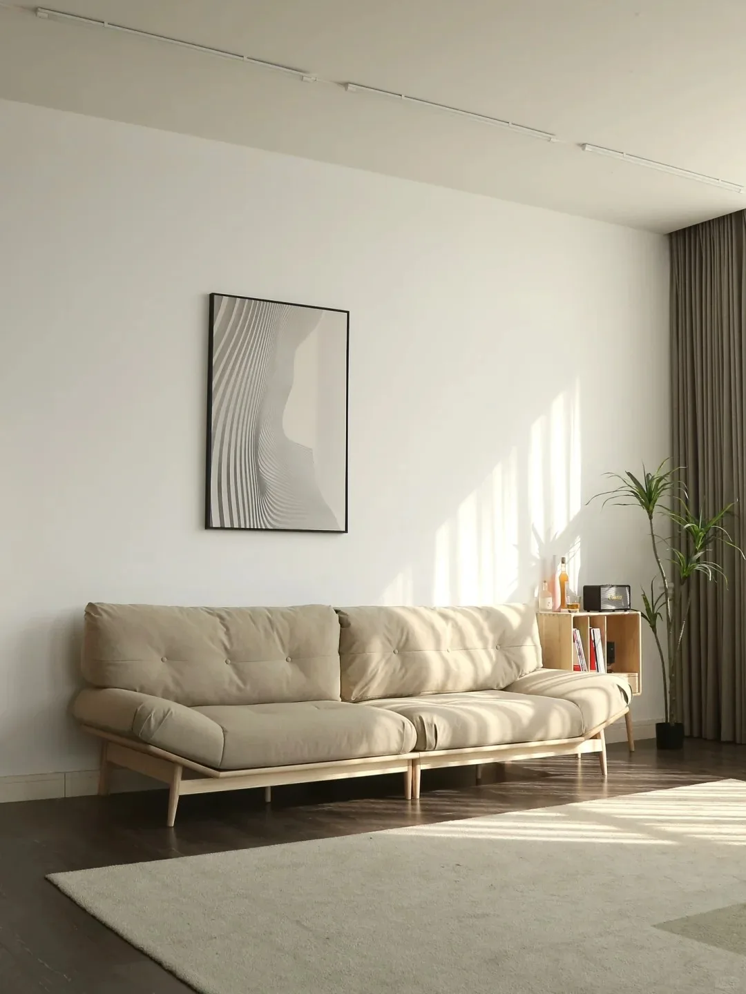 Solid Wood Elephant Ear Fabric Beancurd Block Ash Sofa Set for Hotel Small Japanese Apartment Hospital Inspired Log Living Room