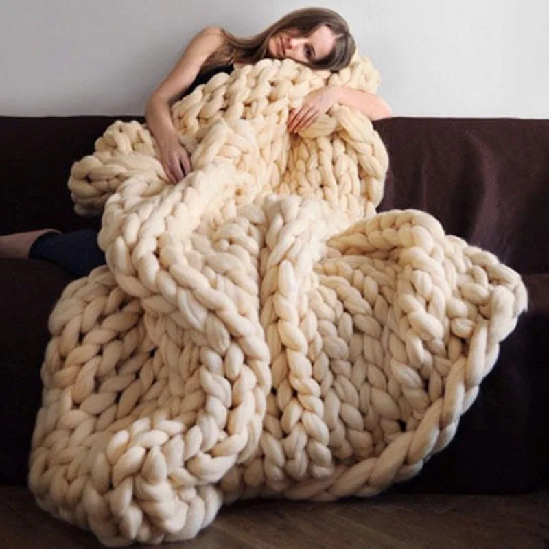 Wholesale Polyester Chunky Knit Blanket Chenille Throw Soft Wool Knit Throw Blanket