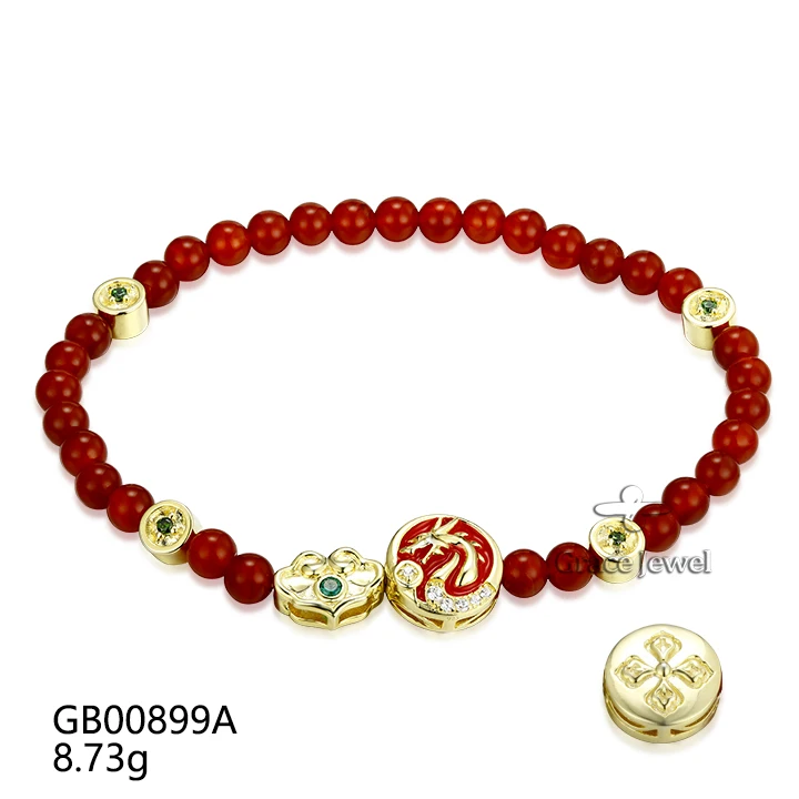 Grace Jewelry 925 Silver Gold Plated Dragon Clover Shape Green Nano Crystals Red Agate Luxury Red Beads Bracelets for Women