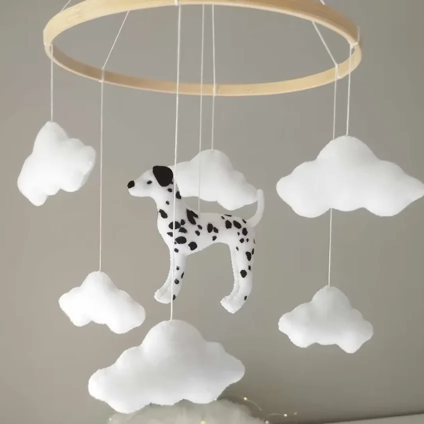 Newborn gift puppy neutral nursery decor custom handmade soft dalmatian felt animals dog baby mobiles