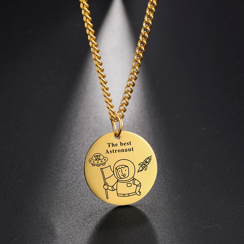 Women Layering Necklace 18K Gold Plated  Laser Engraving The best Astronaut Disc Necklace Cute Jewelry