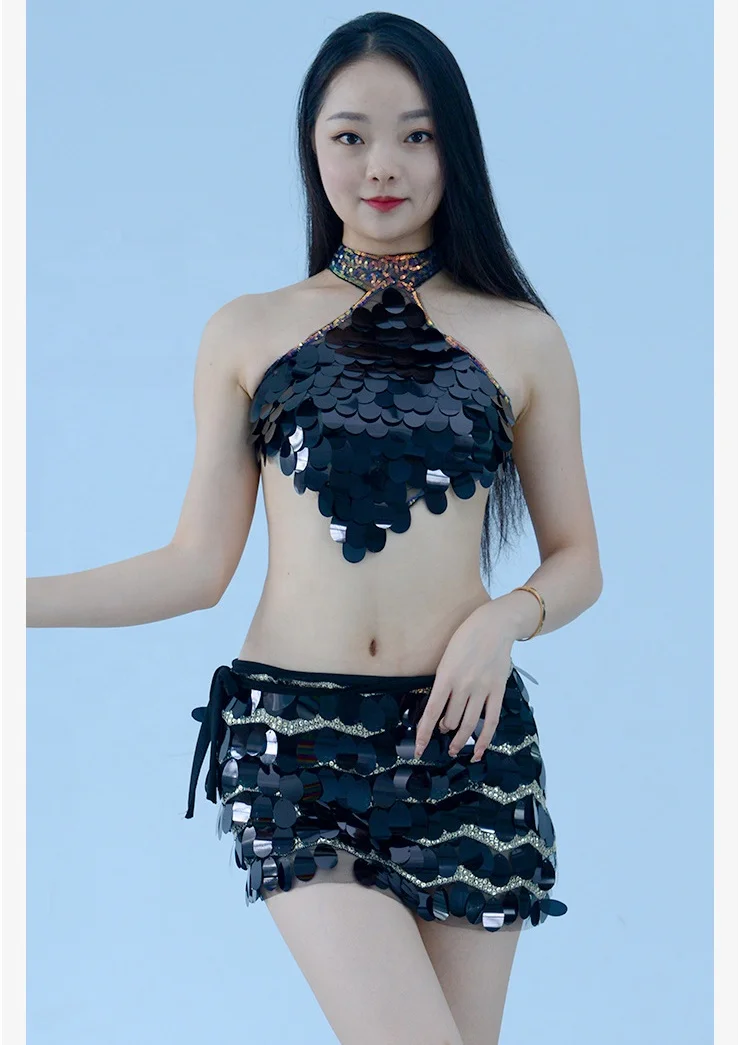 Fashionable Shiny Sequin top vest skirt set Night Club Dance Stage performance sexy clothes for adult Girl show costumes