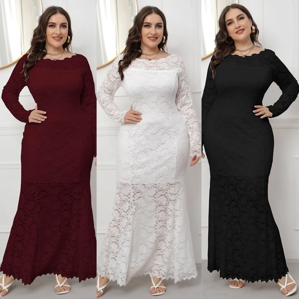 Long Sleeve Hollow Out African Fishtail Dresses Maxi Lace Evening Dress Plus Size 5XL White Women Vintage Casual Dresses Adults