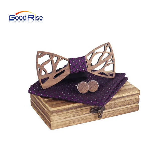 Wood Hollow Carved Cut Out Floral Gifts Wooden Bow Tie Set Mens Pocket Square Handmade