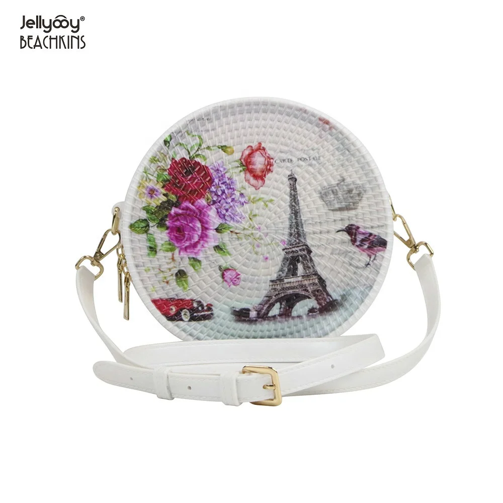 
Jellyooy BEACHKINS Matte PVC Jelly Rattan Bag Unicorn Flamingo Eiffel Tower Print INS Girl Bags Rainbow Jelly Woven Round Bag 