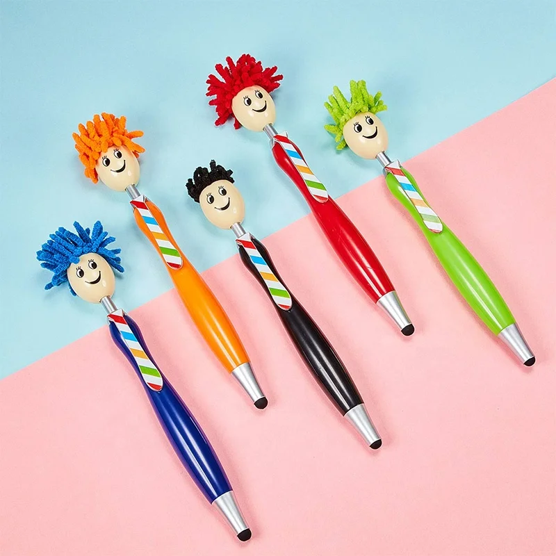 Cute cartoon character mr mop top ball point pen, mop topper pens with touch stylus pen