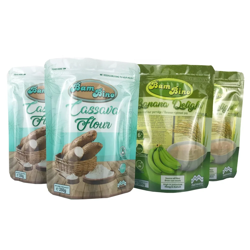 250g 500g Food grade laminated plastic glossy print stand up custom packaging ziplock bag for cassava flour