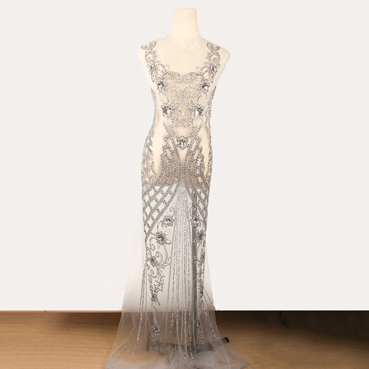 
Custom Bridal Rhinestone Bodice Applique Embroidery Beaded Fabric Crystal Mesh Appliques For Wedding Dress 