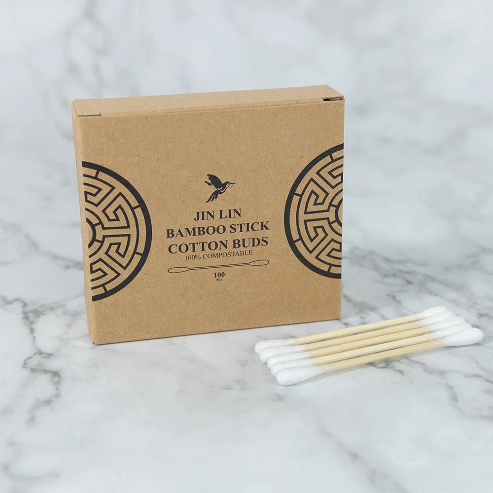 Eco-Friendly Recyclable Biodegradable 100Pcs Bamboo Sticks Cotton Swabs With Kraft Paper Box