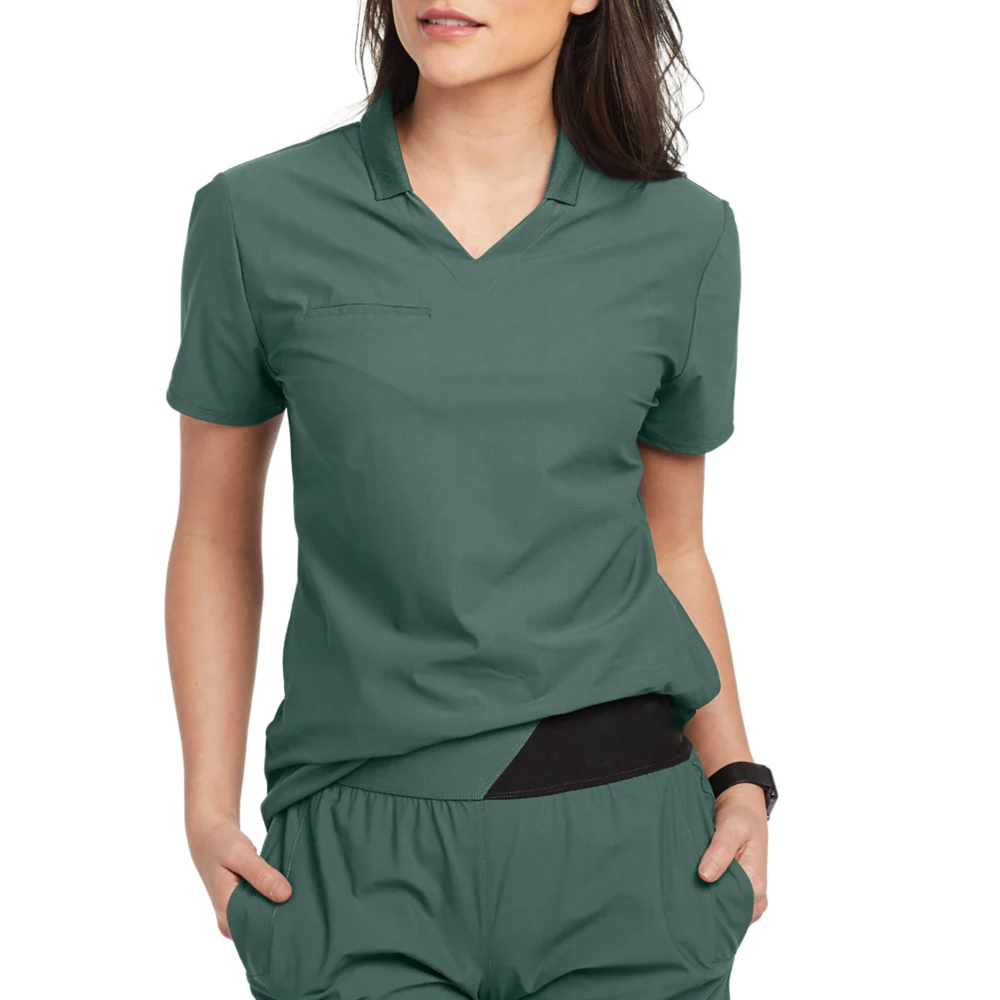 Wholesale Women Medical Scrub Set Stretch Fabric Medical Polo Top and 3 Pocket Straight leg Pant Nurse Doctor work wear