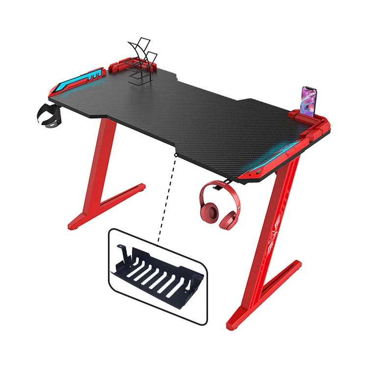 Factory Wholesale Z-Shaped Red Computer Gaming Table With Led Custom E-sports Gamer Desk Ergonomic RGB Gaming Desk
