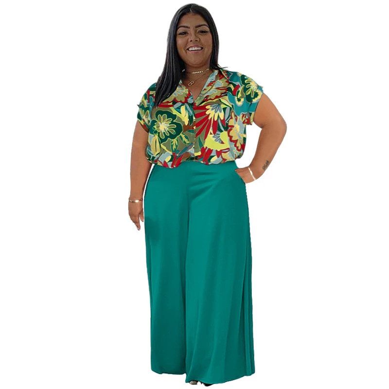 wholesale women plus size summer 2 piece short sleeve shirt blouse and pants set outfit clothes clothing for women plus size