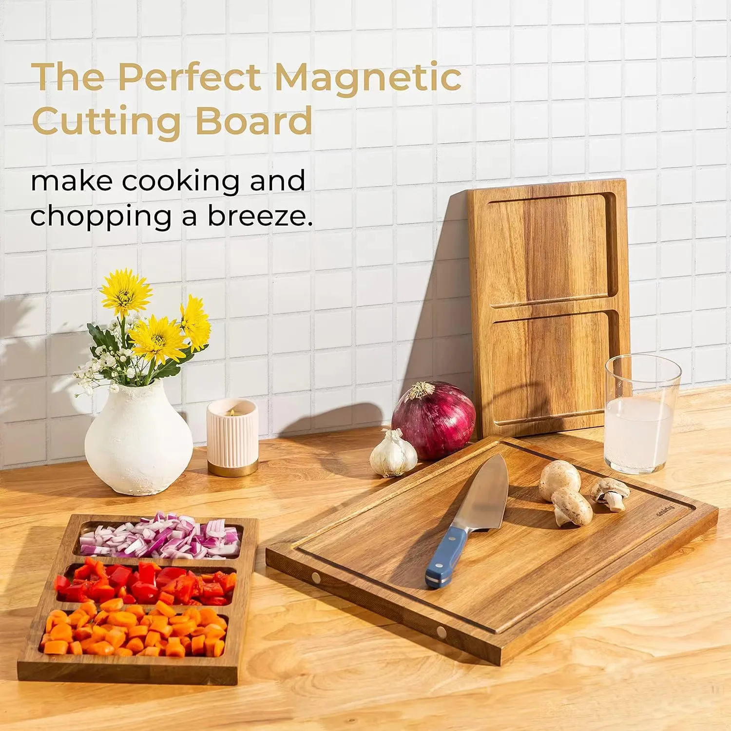 Acacia Wood Enlarged Cutting Board  Set With Magnetic Suction Splicing Cutting Board and Divided Tray, Vegetables and Cheese