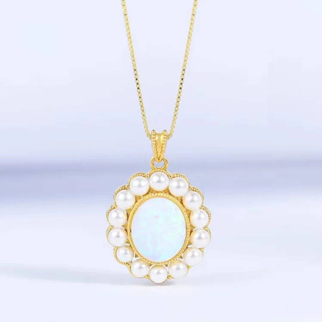 Luxury Fashion Au750 Pure 18K Gold Opal Stone Pearls Pendants Necklace Women Ladies Bridal Engagement Wedding Fine Jewelry