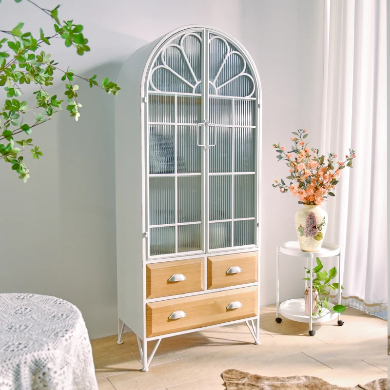 Nordic style home living room rustic decor white color iron metal wooden arched retro storage display cabinet with glass doors