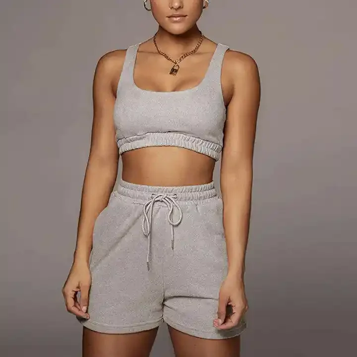 Manufacture Wholesale sport short sets 180 gsm Organic cotton Crop Top Two Piece Women  Shorts  Casual Joggers Sets