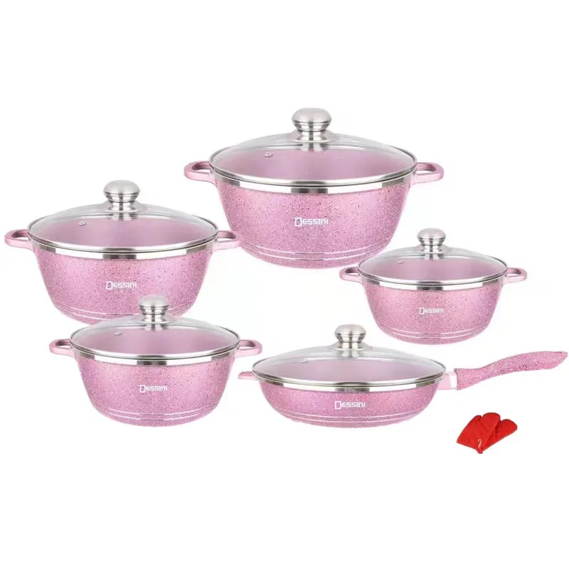 12 Pcs Dessini Die-Casting panela masterclass home Kitchen Cooking Pot Pink Non-Stick Granite Set Granite Cookware Sets