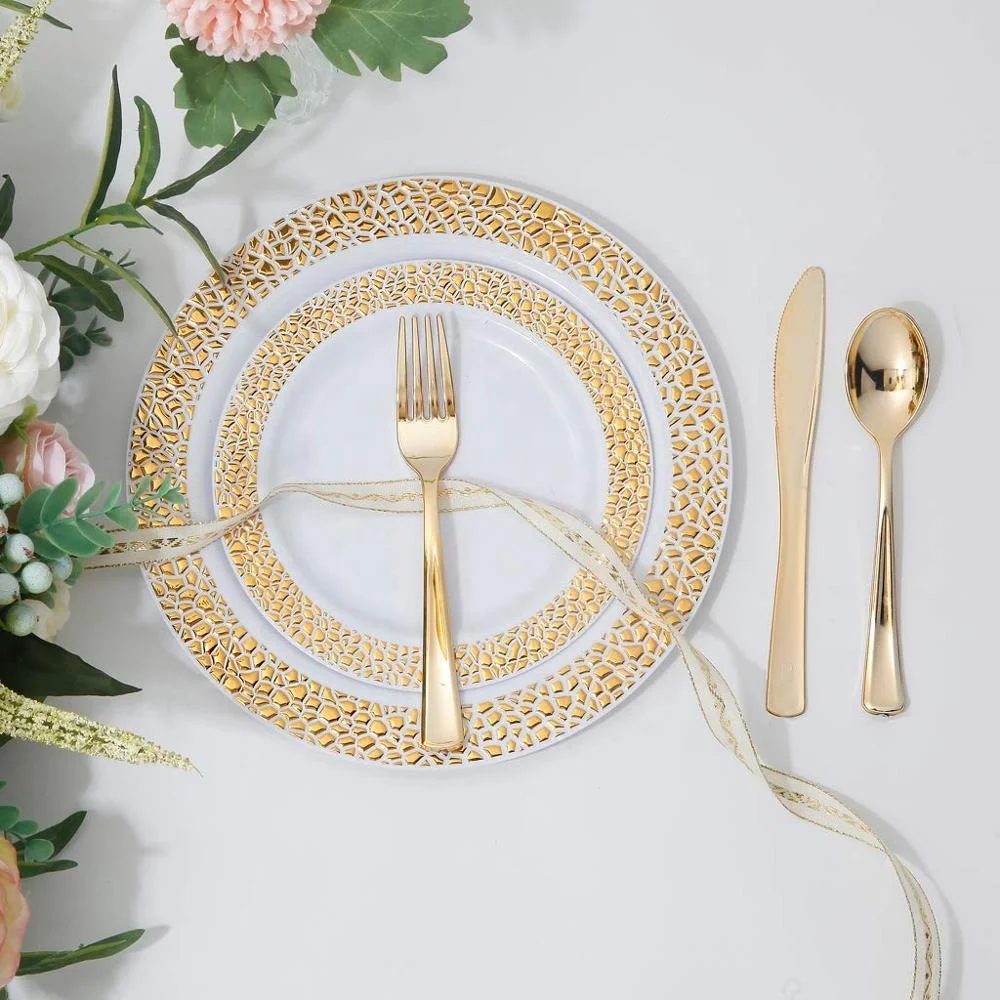 White Gold Rim Luxury Disposable Plastic Dinner Sets