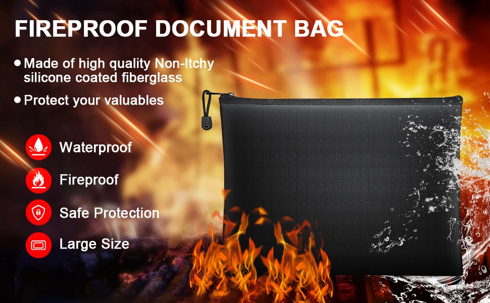 Multi-function Fireproof Document Bag with Zipper for for A4 Letter Size Document Holder File Cash Tablet Passport and Valuables