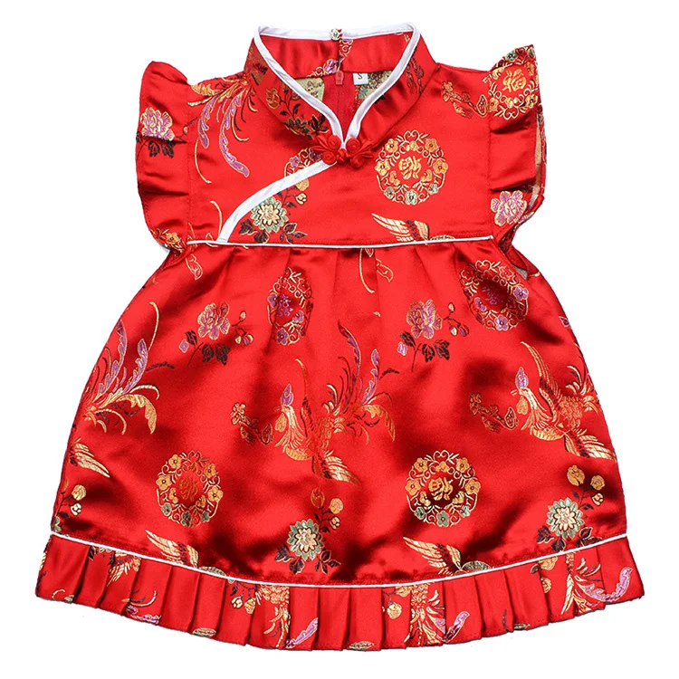 Чонсам для малышей, оптовая продажа, летнее красное китайское традиционное атласное платье-Чонсам для маленьких девочек