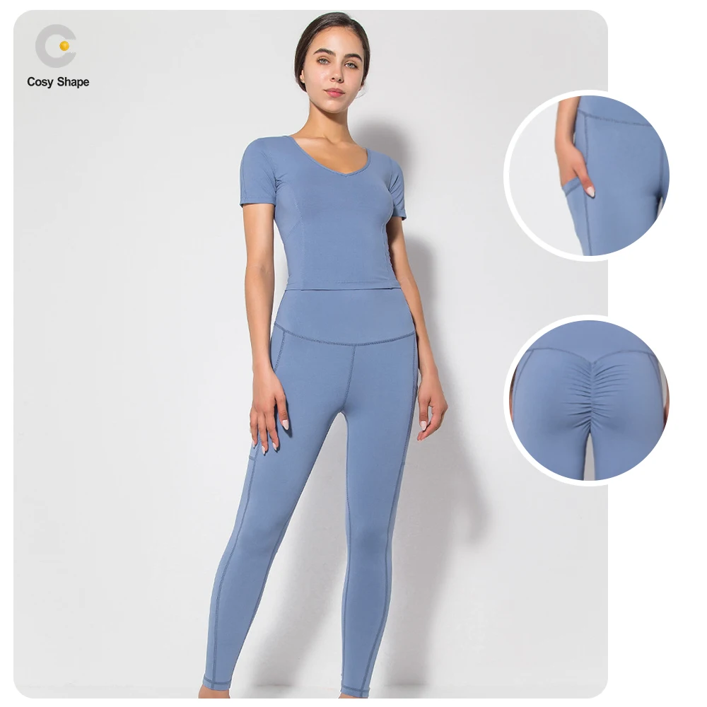 Custom High Quality Aerial Hammock Halter Neck Long Sleeve Yoga Set With Pockets Skin Tone Seamless Ribbed Yoga Set