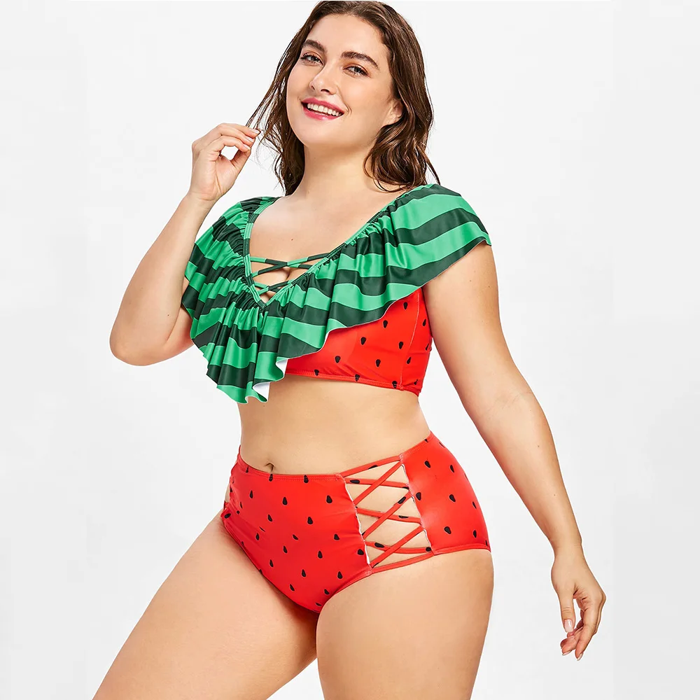 
 Женские Купальники больших размеров 2021, купальники из двух частей, летние купальники для отпуска с высокой талией и принтом арбуза, бикини  