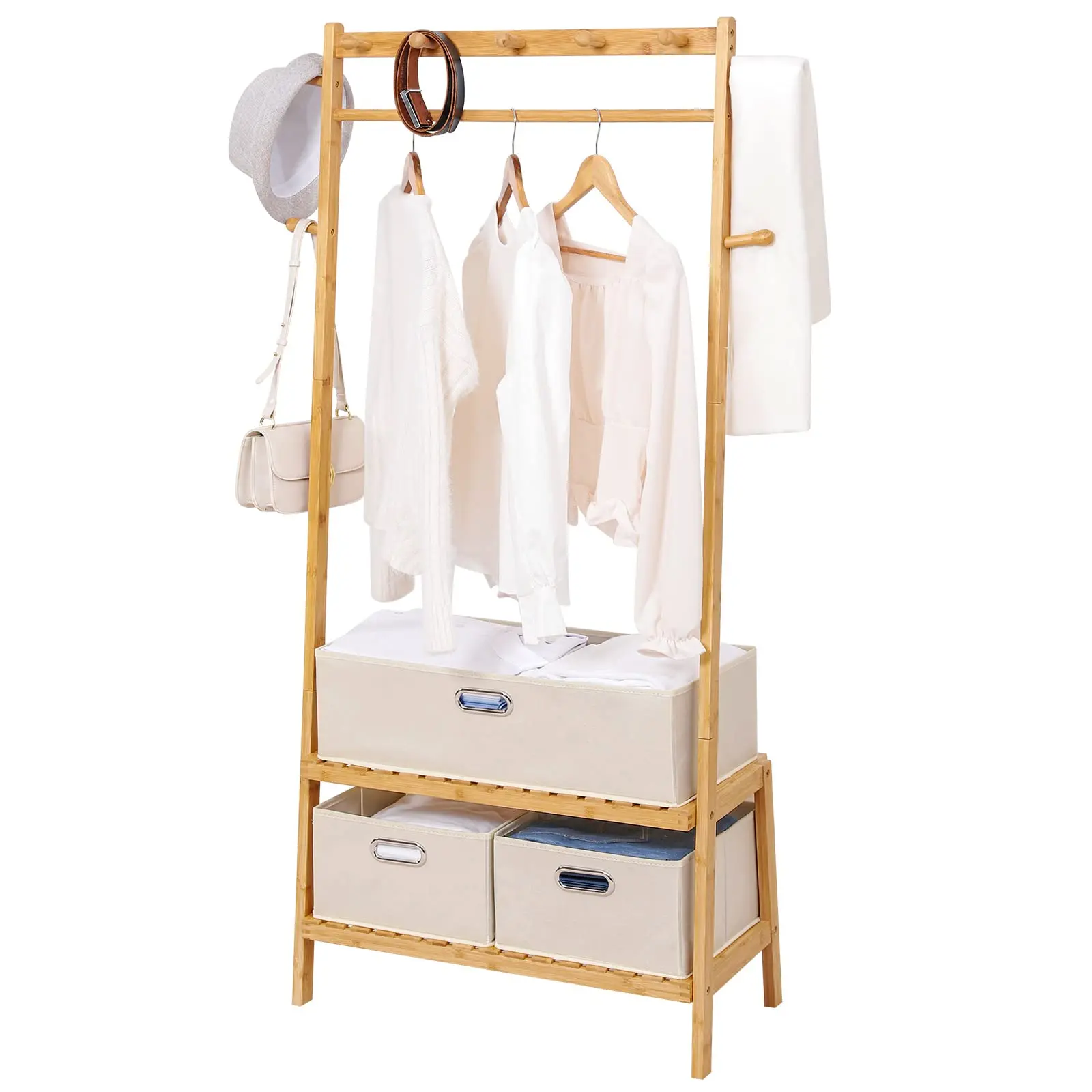 Bamboo Portable Clothing Rack with 3 Storage Box Standing Garment Wardrobe for Hanging Clothes 2 Organizer Shelves