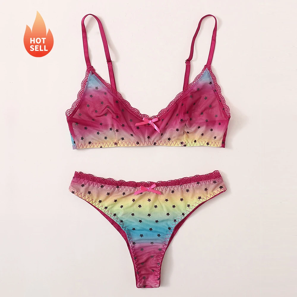 Sexy Japanese girl gradient star print uniform erotic bra panties set for cute maiden net yarn lingerie