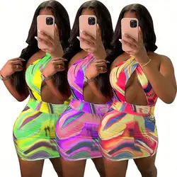 Tie Dye Bodycon Mini Dress Backless Summer Festival Clothing Off Shoulder Birthday Party Beachwear Sexy Club Dresses