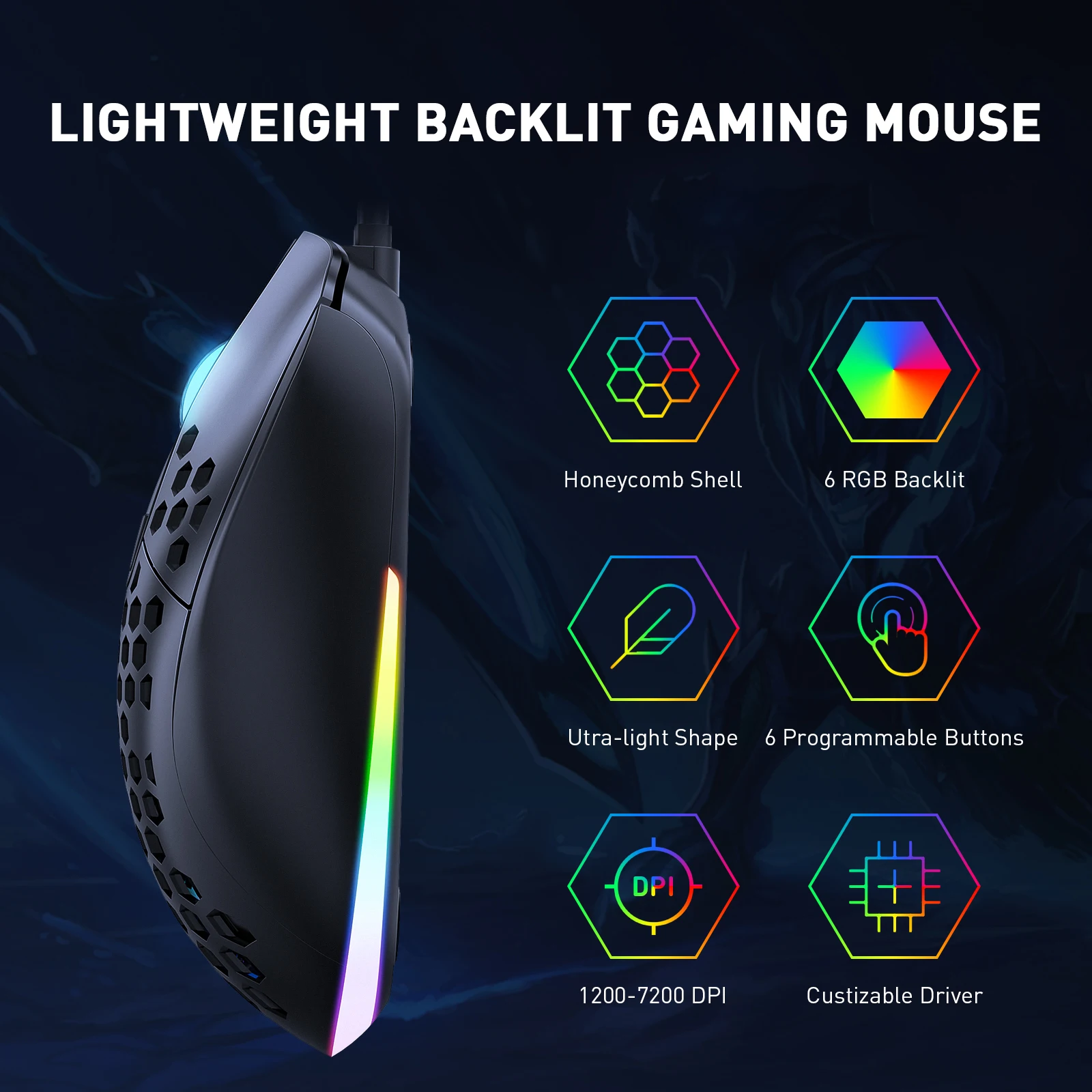 Wholesale manufacturer 100ips black USB2.0 HP honeycomb RGB razer wired gaming mouse