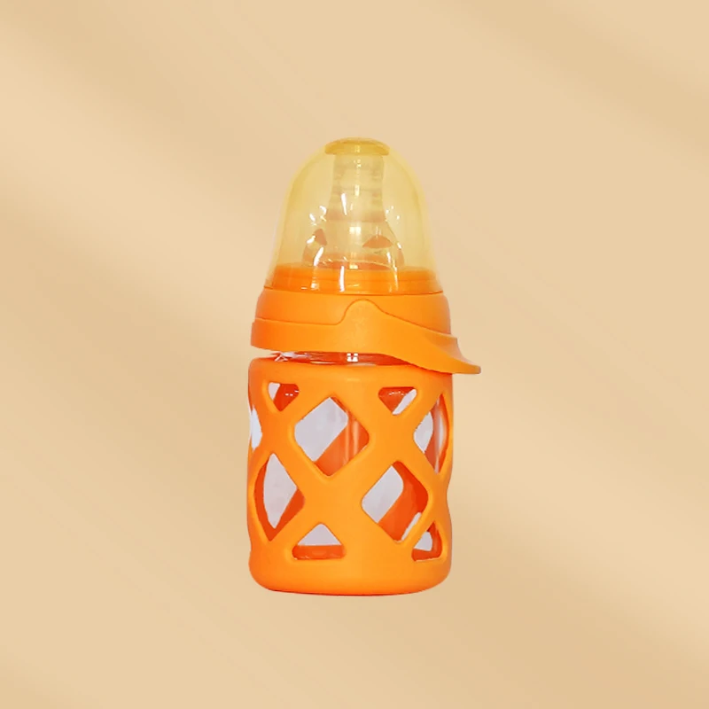 Wholesale Custom Silicone Anti Slip Glass Feeding Bottle 120ML Baby Bottle with Silicon Rubber Case