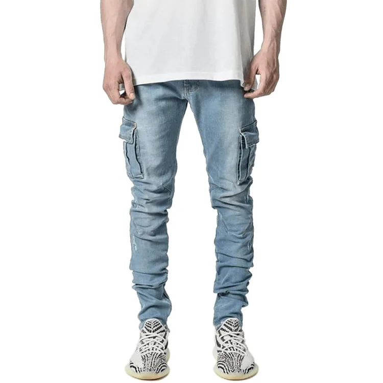 Denim factory in China light stone wash cargo pockets zipper fly skinny jeans pants with minor distressing