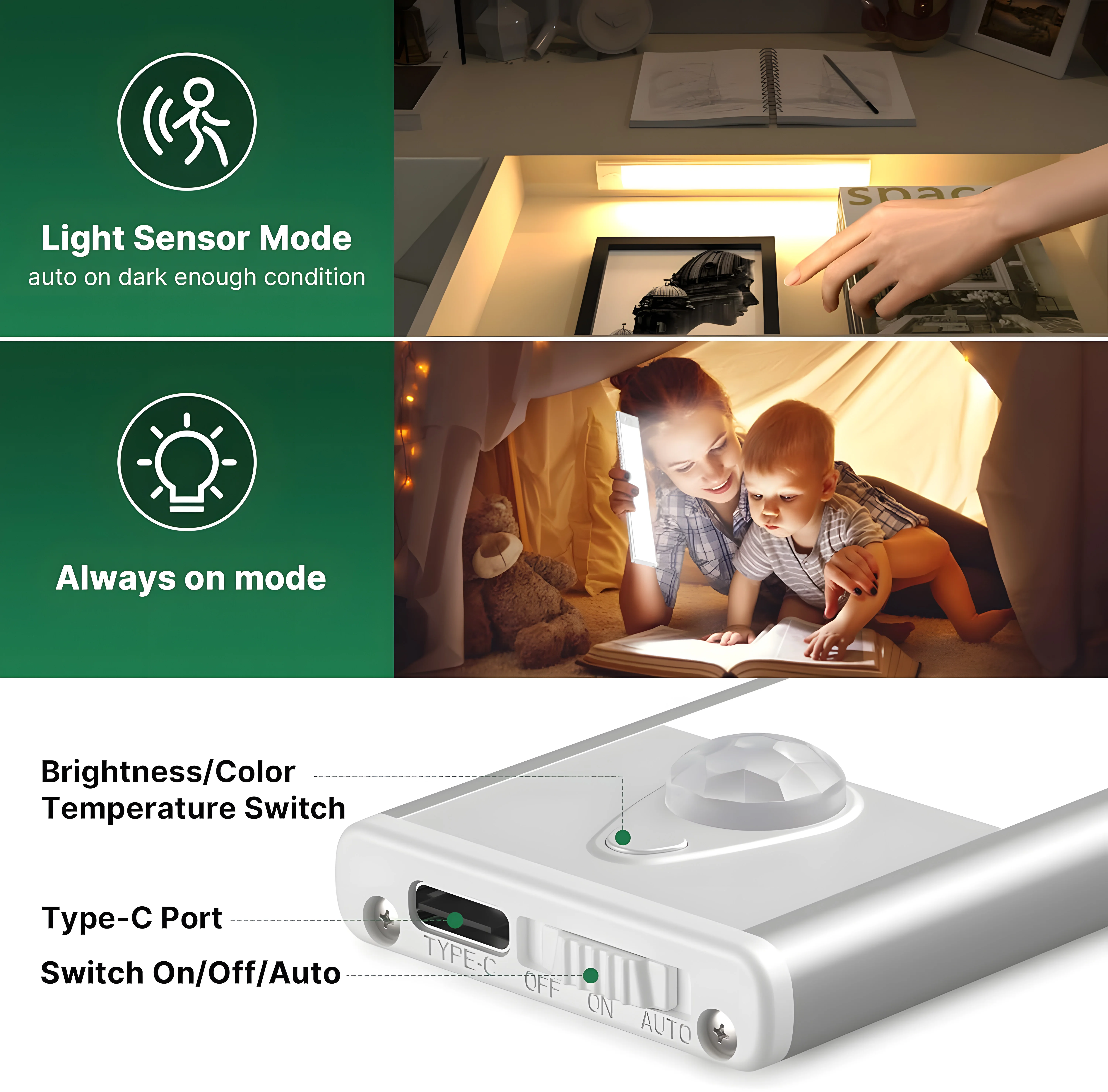 Rechargeable Magnetic Wireless Self-Adhesive Three-Color Induction Kitchen Lamp Sensor Home Use-for Cabinet Wardrobe Wine