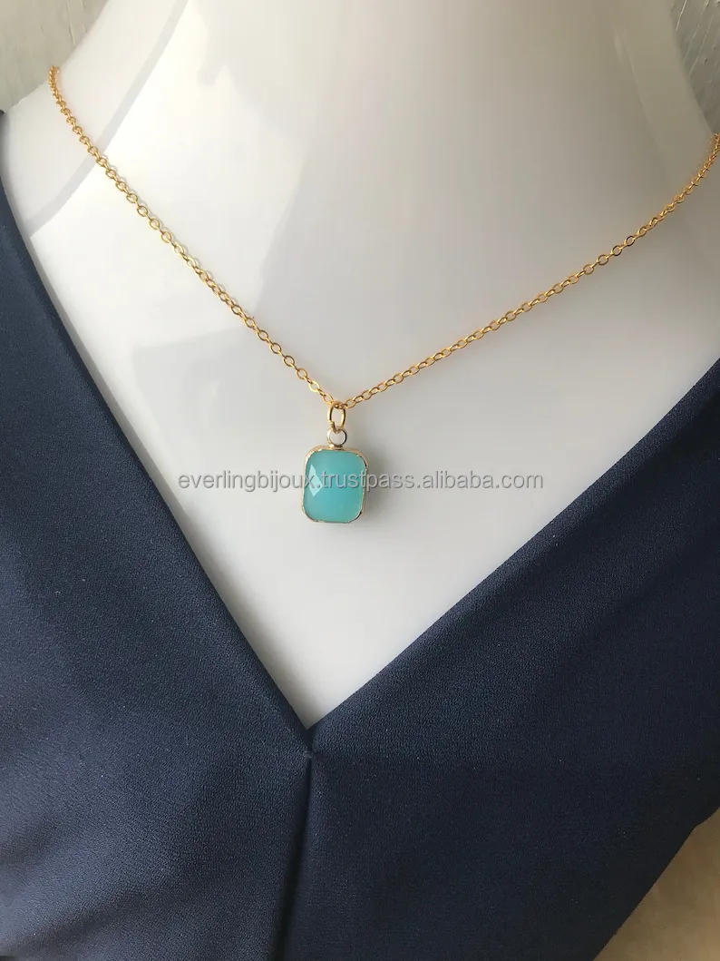 Antique Natural Swiss Blue Topaz Octagon Pendant Necklace December Birthstone Jewelry Gold Silver Plating Brass Jewelry Charms